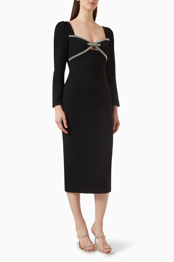 

Diamante Bow Midi Dress in Crepe, Black