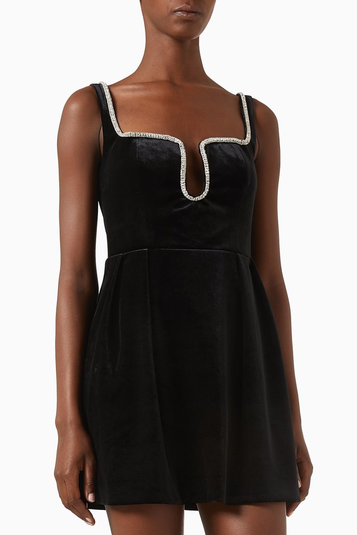 Crystal-embellished Skater Mini Dress in Velvet, Black