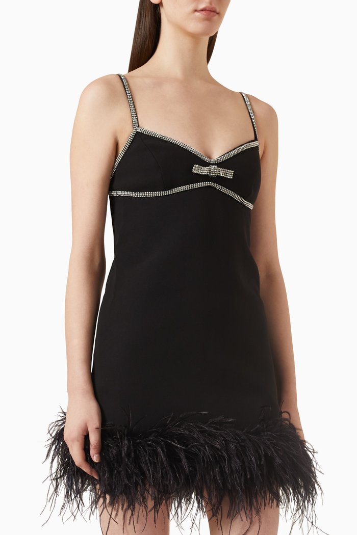 

Crystal-trimmed Feather Mini Dress in Crepe, Black