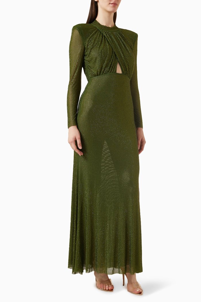 

Rhinestone-embellished Maxi Dress in Mesh, Green