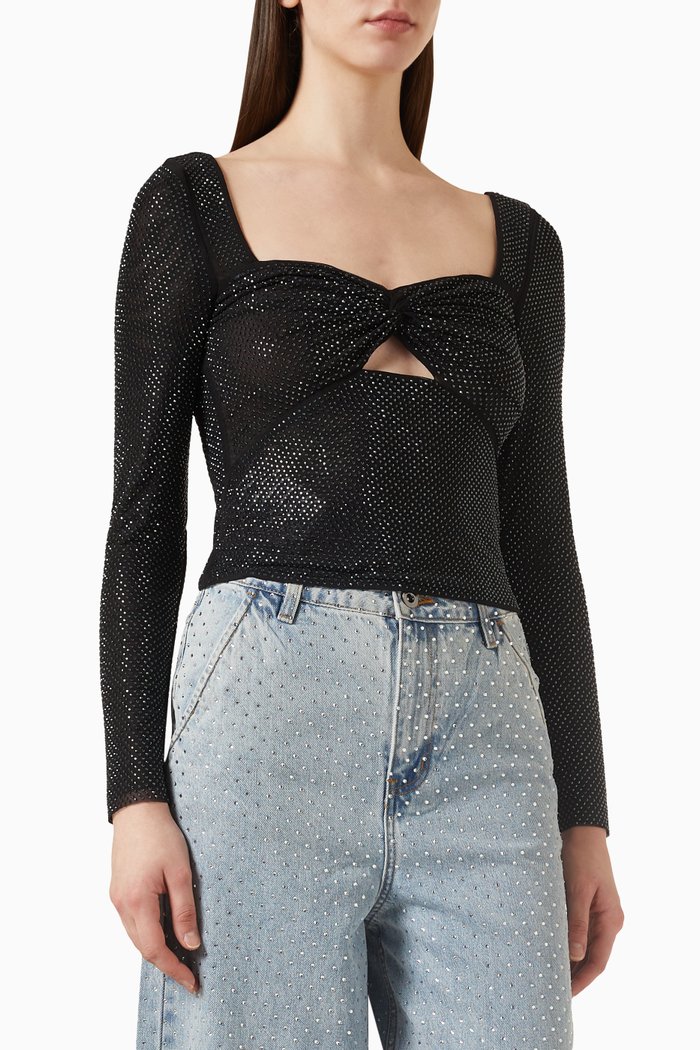 

Rhinestone-embellished Top in Mesh, Black