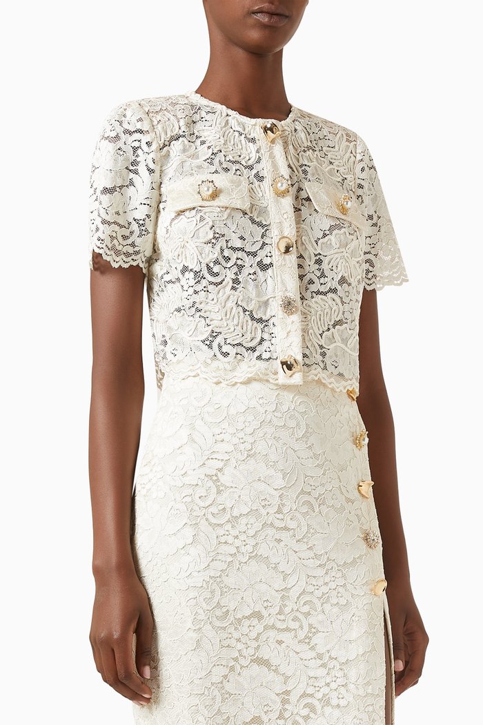 

Buttoned Crop Blouse in Lace, Neutral
