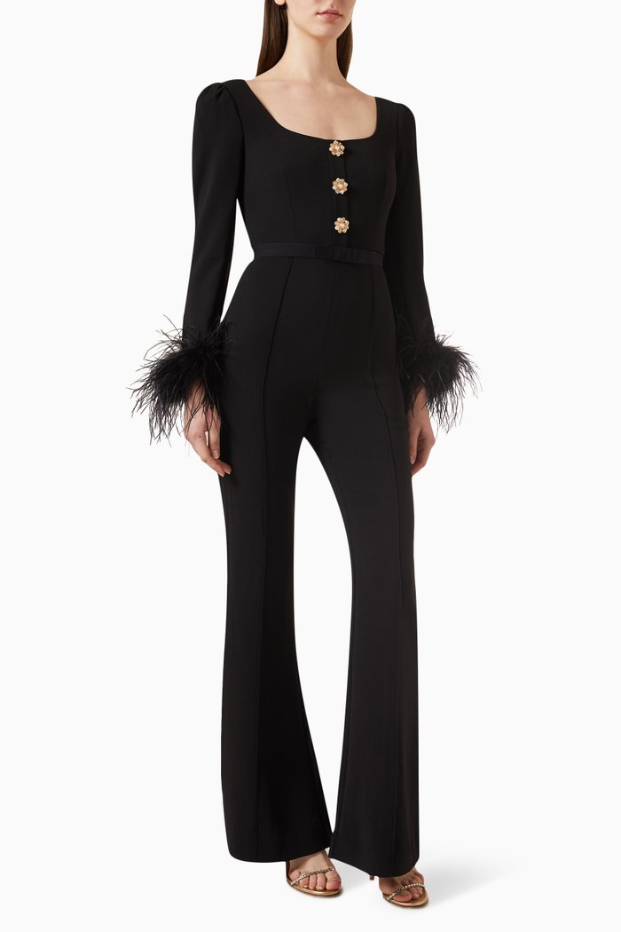 

Feather-trimmed Jumpsuit in Crepe, Black