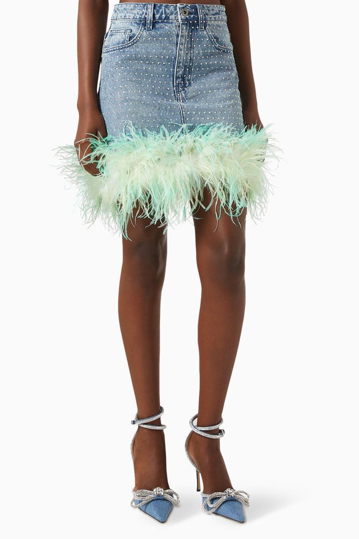 

Rhinestone-embellished Feather Mini Skirt in Denim, Blue