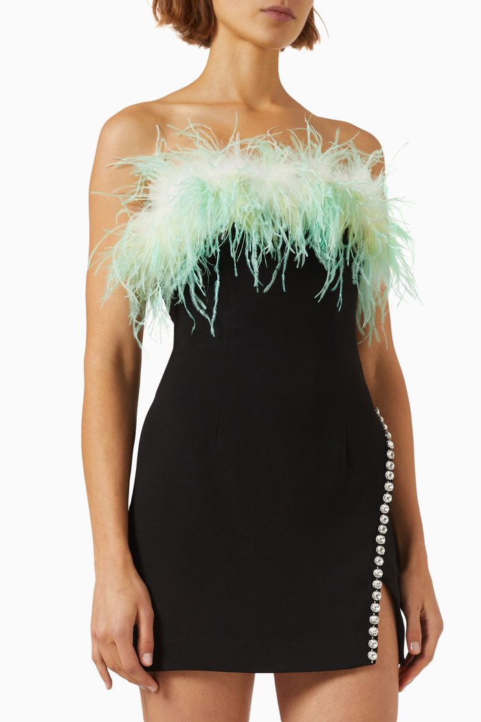 

Feather-trimmed Mini Dress in Crepe, Black