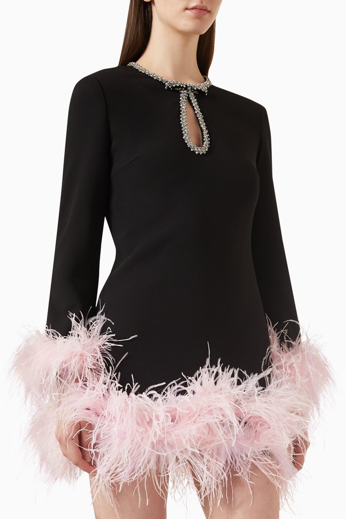 

Feather-trimmed Mini Dress in Crepe, Black