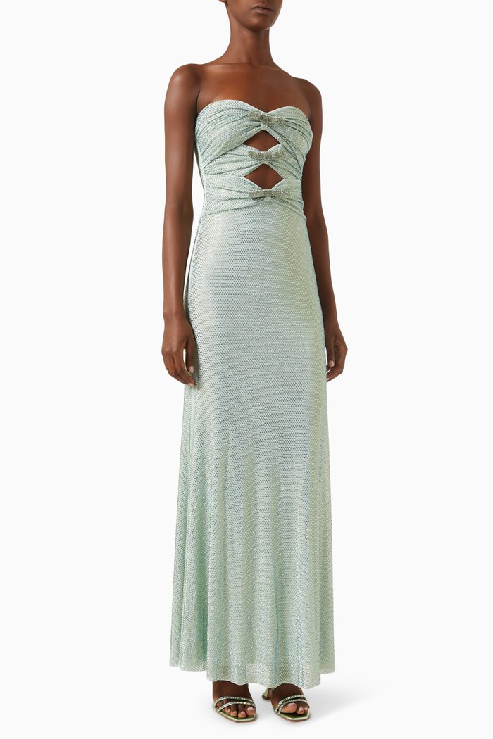 

Rhinestone-embellished Strapless Maxi Dress in Mesh, Green