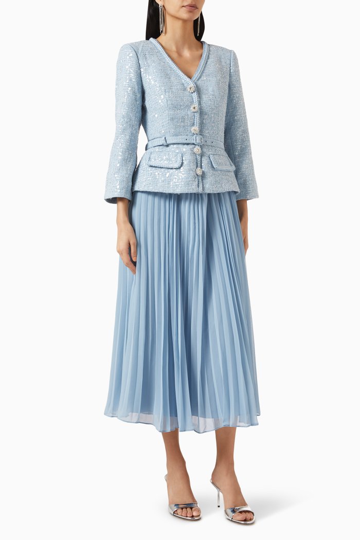 

Sequin Tailored Midi Dress in Boucle, Blue