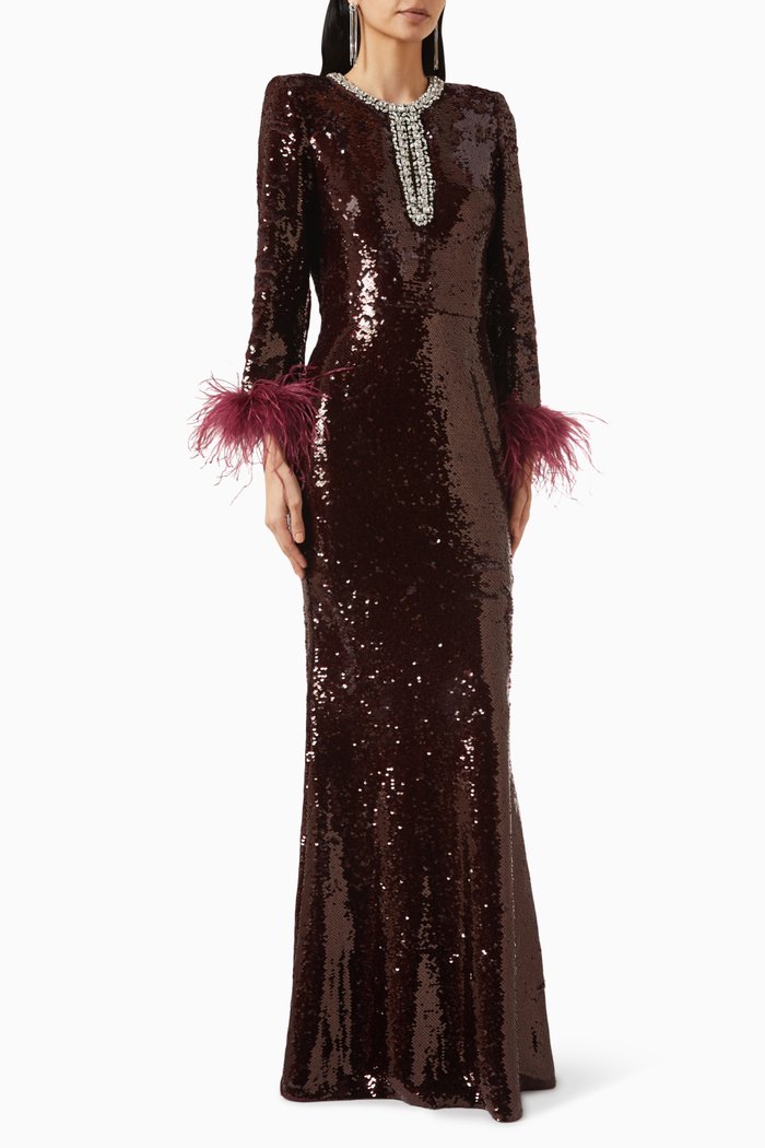 Embellished Feather Maxi Dress in Sequin, Burgundy