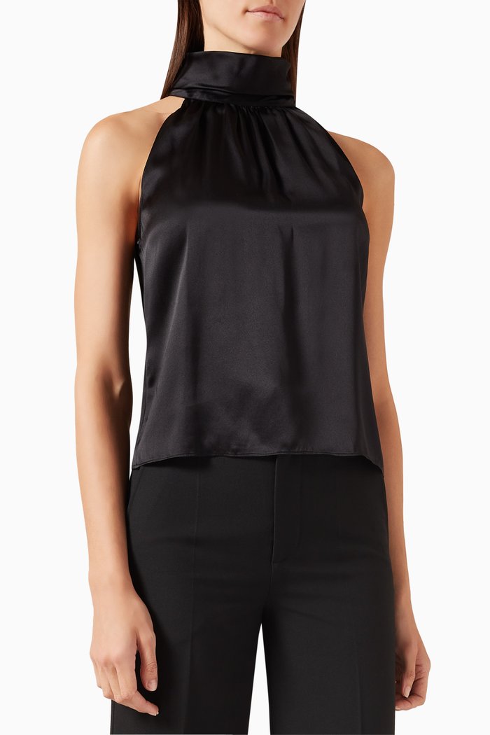 

Foldover Mock Neck Top in Satin, Black