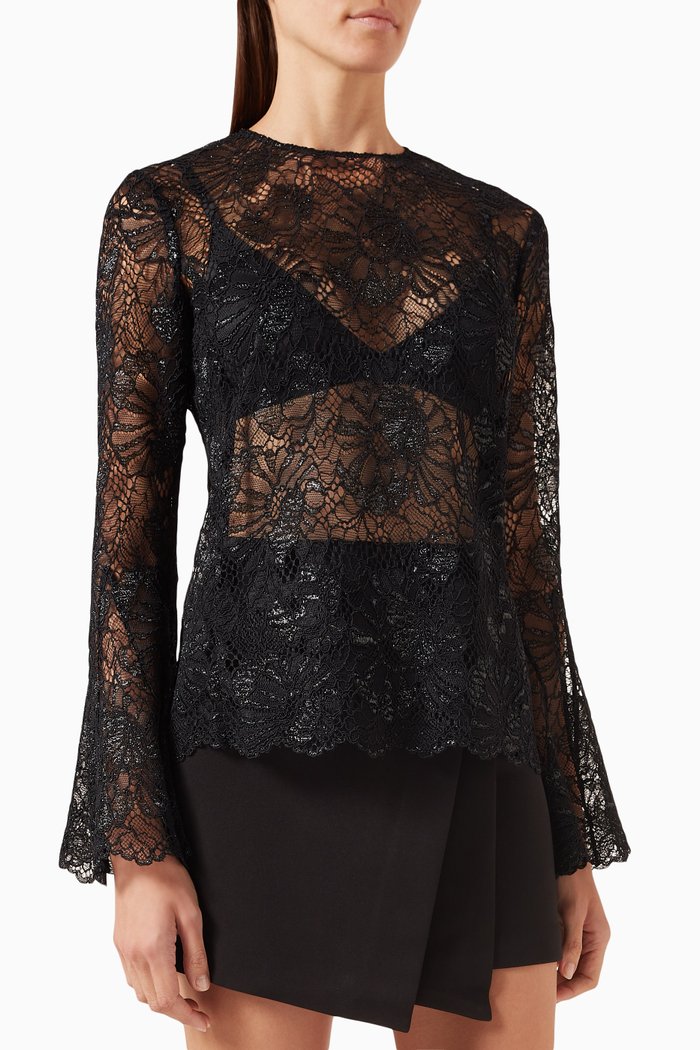 Flutter-sleeve Top in Lace, Black