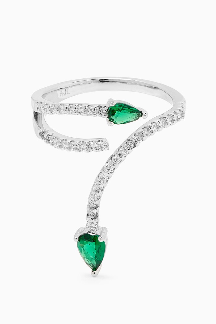 Pear Wrap Ring in Rhodium-plated Brass, Green