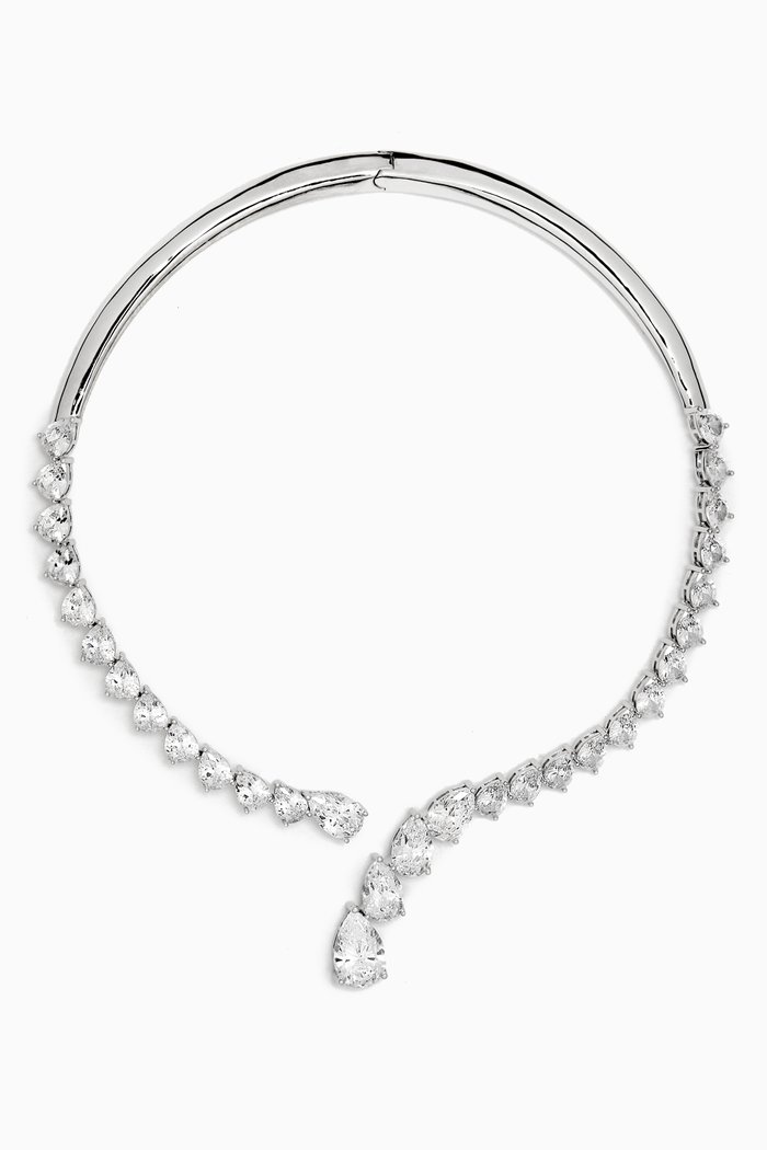 

Graduated Pear Statement Collar Necklace in Rhodium-plated Brass, Silver