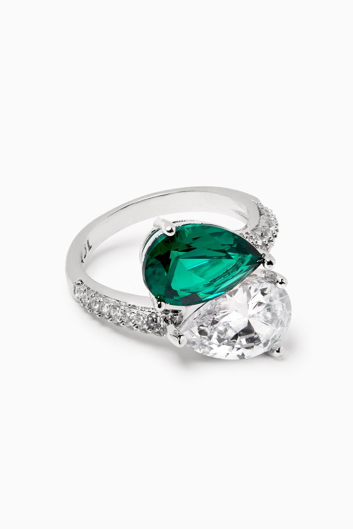 Pear Pave Cross Ring in Rhodium-plated Brass, Green