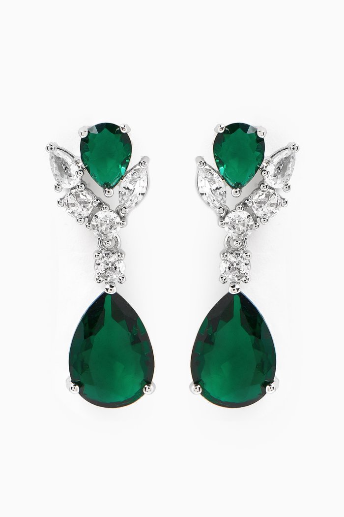 Pear Drop Earrings in Rhodium-plated Brass, Green