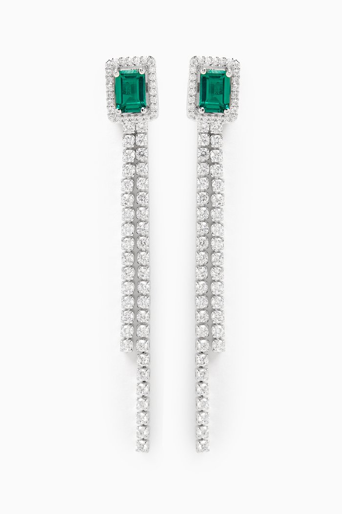 

Emerald & Pave Fringe Earrings in Rhodium-plated Brass, Green