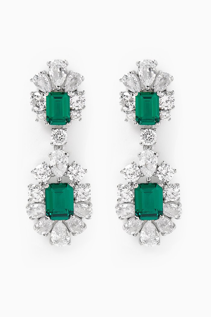 

Emerald Pear Halo Drop Earrings in Rhodium-plated Brass, Green