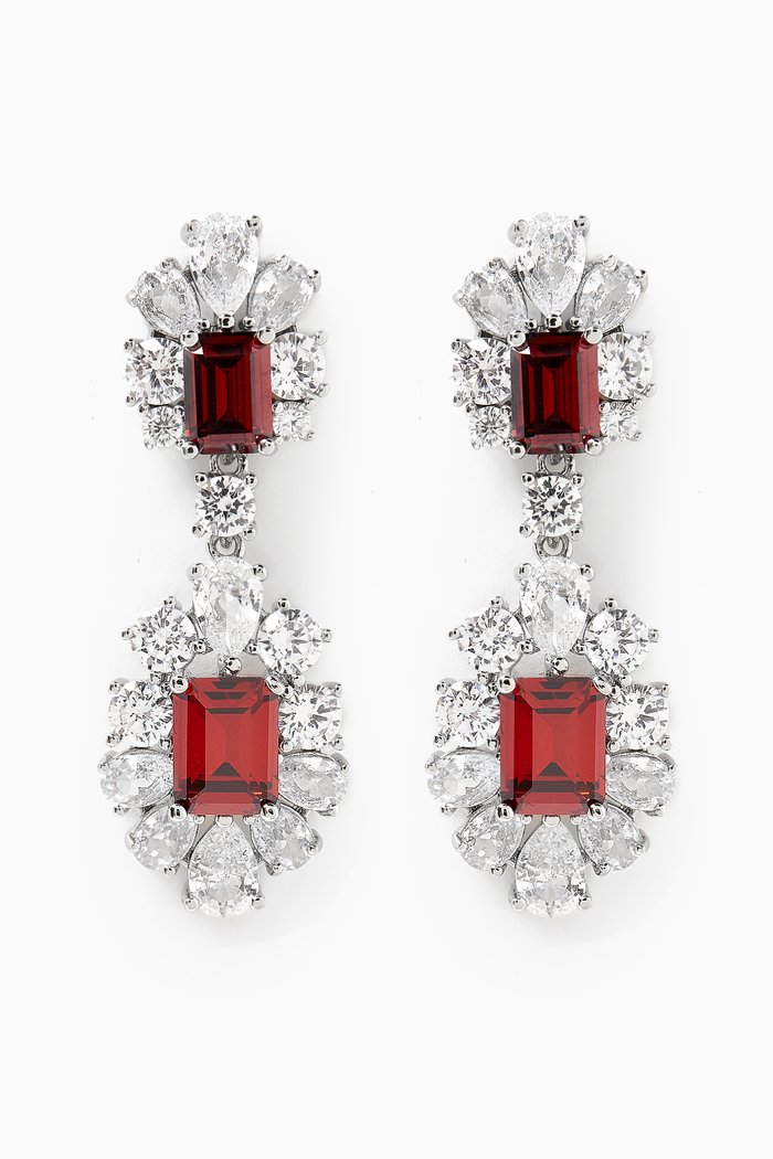 

Emerald Pear Halo Double Drop Earrings in Rhodium-plated Brass, Red