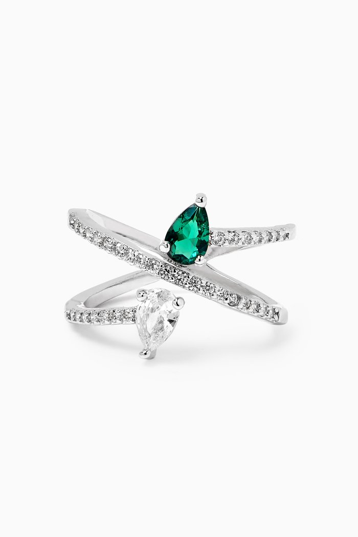 

Pave X Wrap Pear Ring in Rhodium-plated Brass, Green