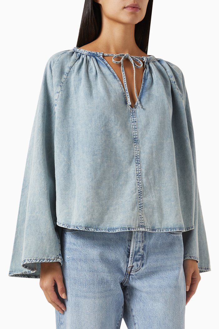 

V-neck Shirred Blouse in Denim, Blue