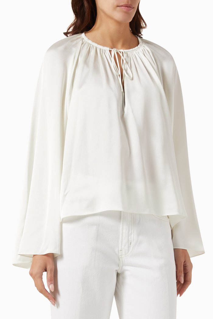 

V-neck Shirred Blouse in Polyester, Neutral