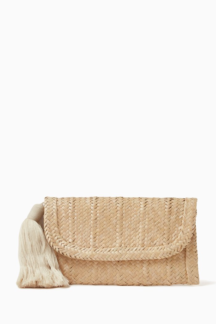 

Belica Tassel Clutch in Woven Carnauba Palm, Neutral