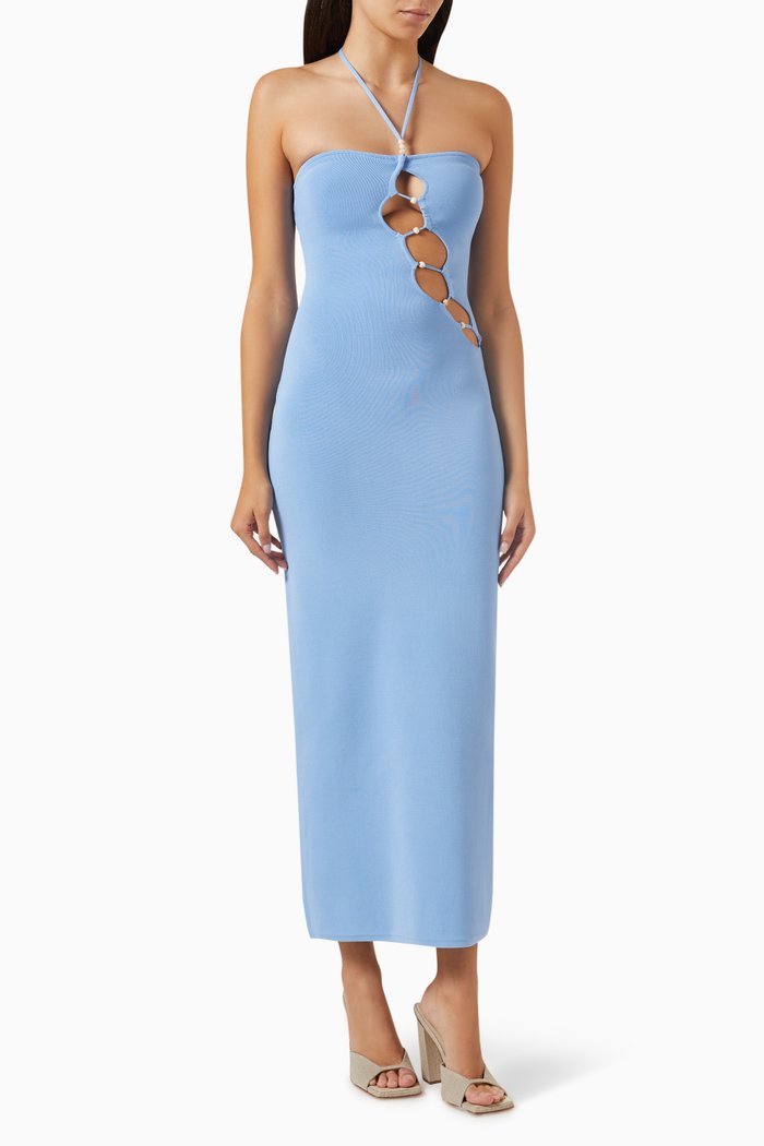 

Salvador Beaded Halter Dress in Knit, Blue
