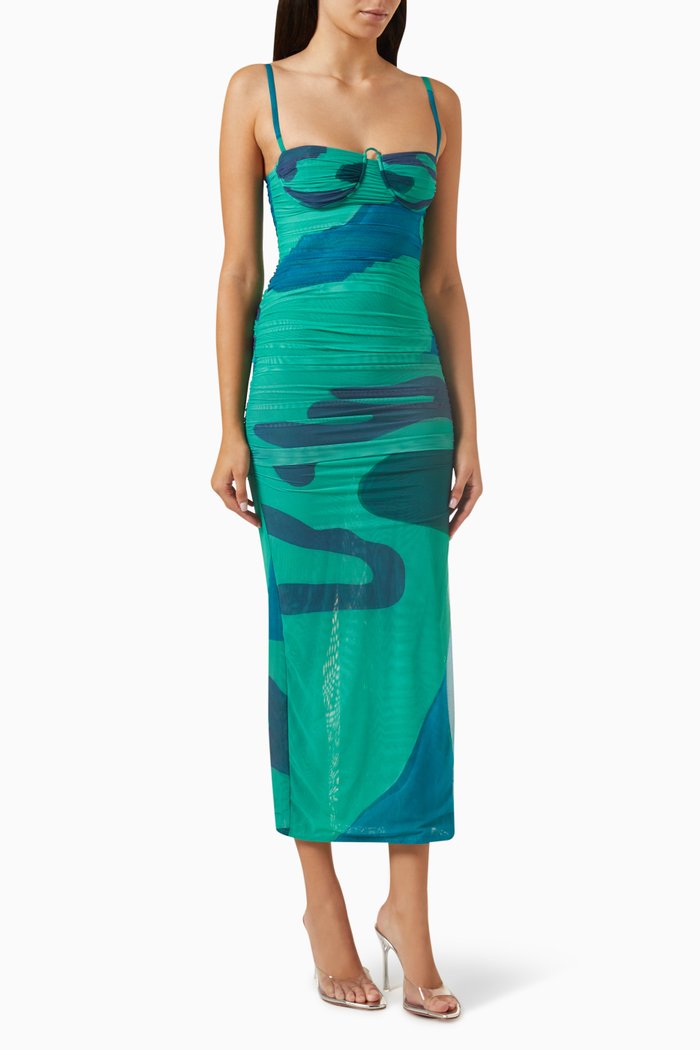 

Frankie Gathered Midi Dress in Silk Blend, Green