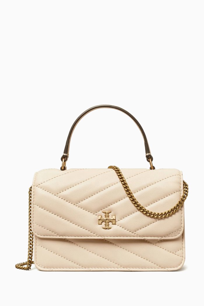 

Mini Kira Chevron Top Handle Chain Wallet in Quilted Leather, Neutral