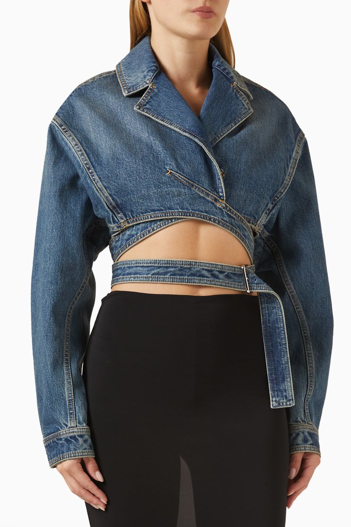 

Crossover Crop Jacket in Denim, Blue