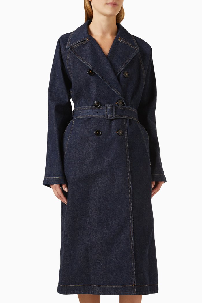 

Belted Trench Coat in Denim, Blue