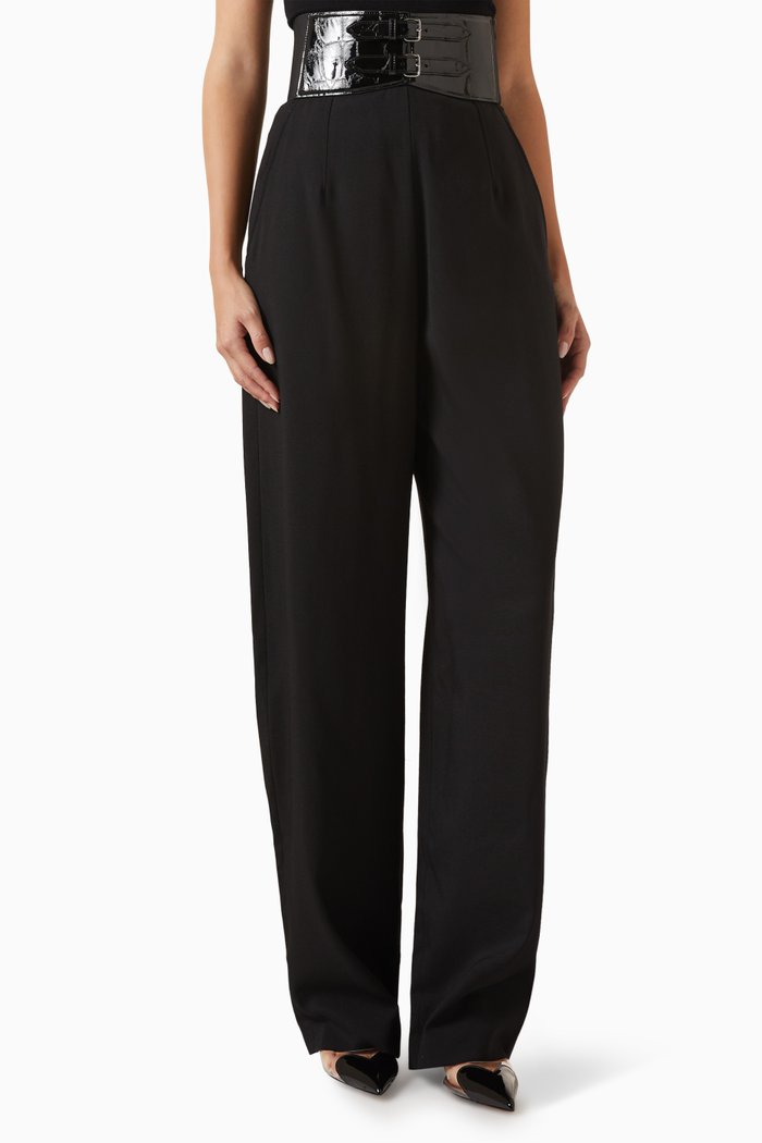 High-waisted Belted Pants in Stretch Wool, Black