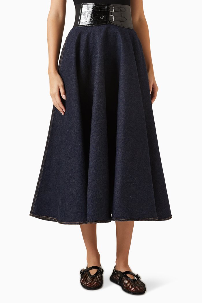 

High-waisted Belted Midi Skirt in Denim, Blue