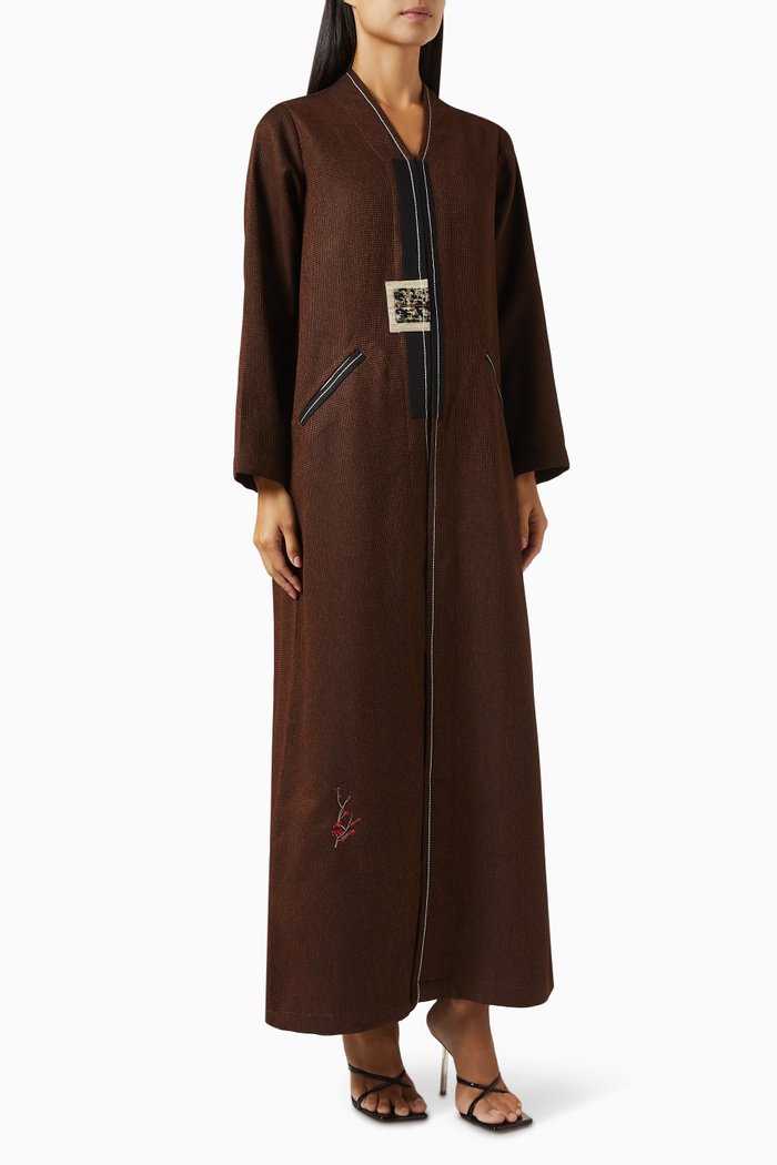 

Contrast-stitch Textured Abaya in Cotton-blend, Brown