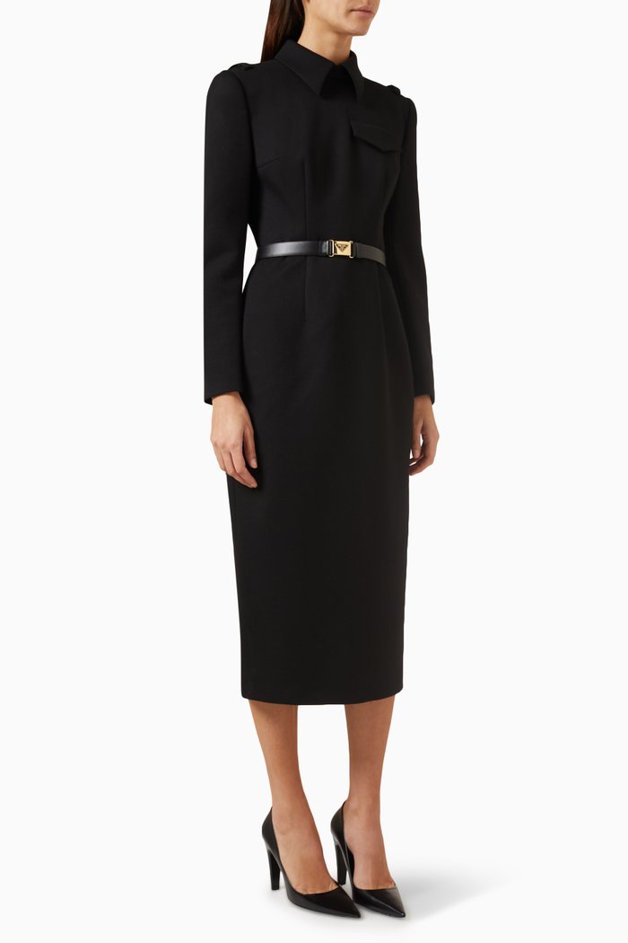 

Belted Midi Dress in Wool Blend, Black