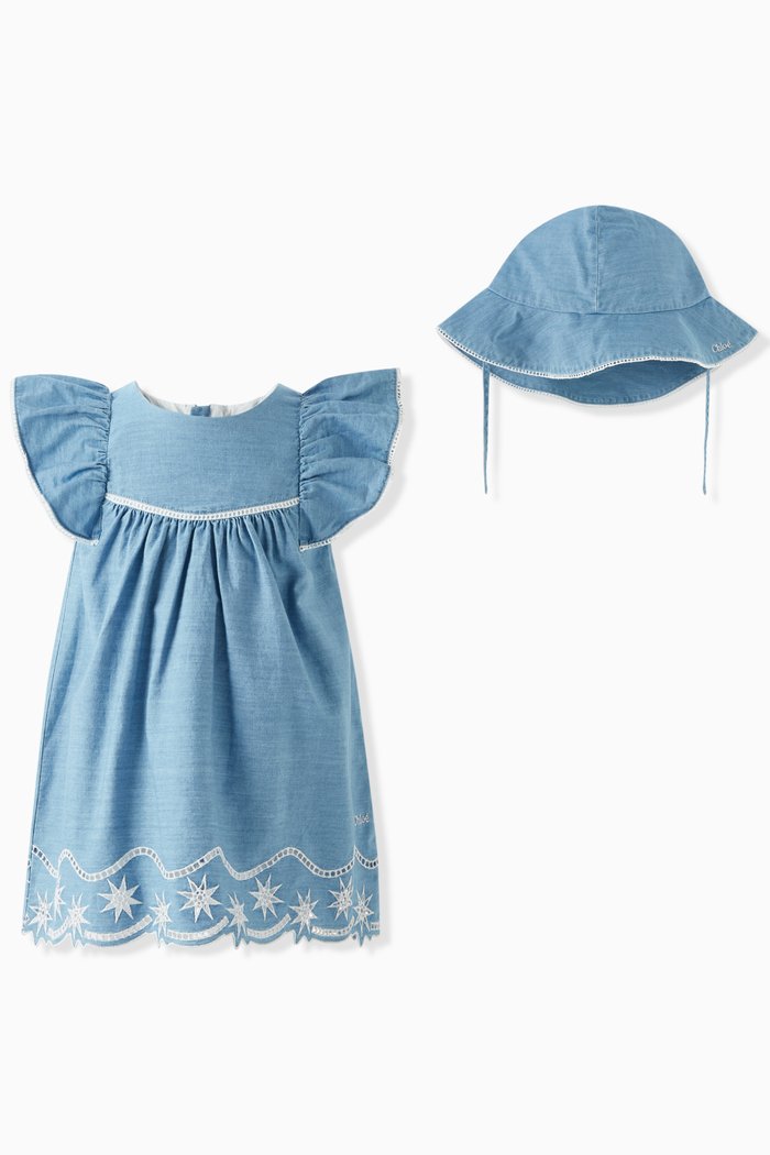 

Floral-embroidered Dress Set in Organic-cotton, Blue