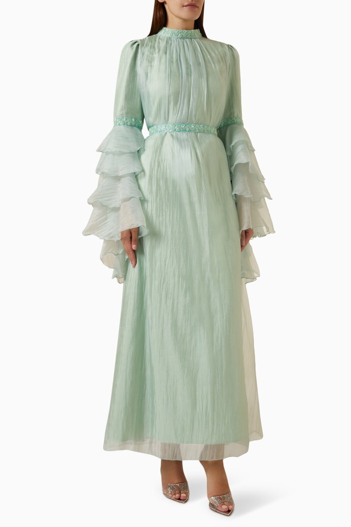 

Ruffled-sleeve Maxi Dress in Organza, Green