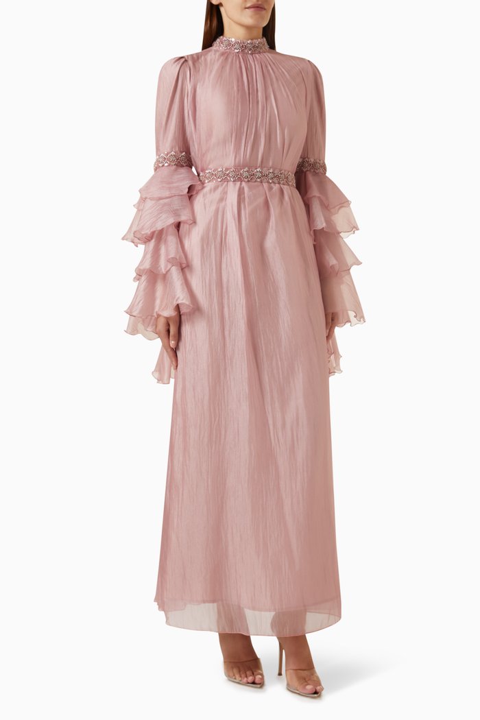 

Ruffled-sleeve Maxi Dress in Organza, Pink