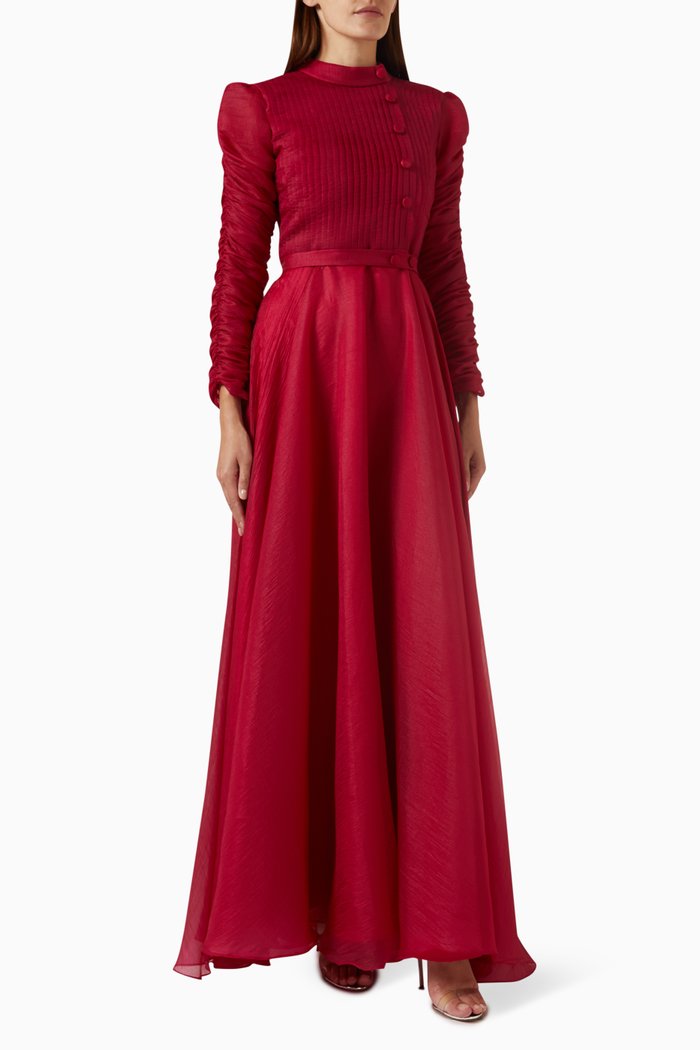 

Ruched-sleeve Maxi Dress in Organza, Pink