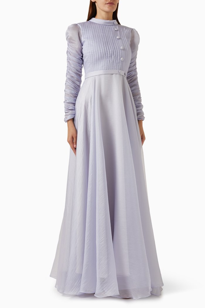 

Ruched-sleeve Maxi Dress in Organza, Grey