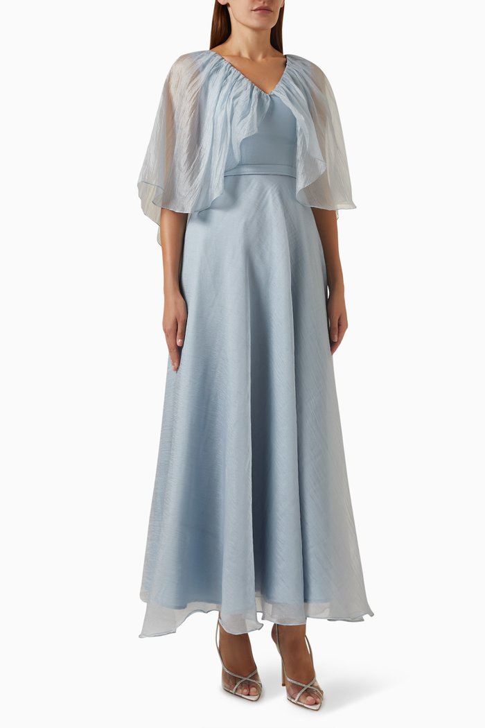 

Cape-sleeve Maxi Dress in Organza, Grey