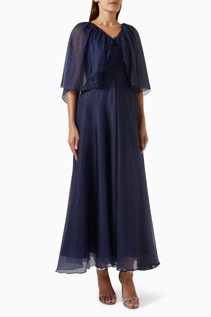 

Cape-sleeve Maxi Dress in Organza, Blue