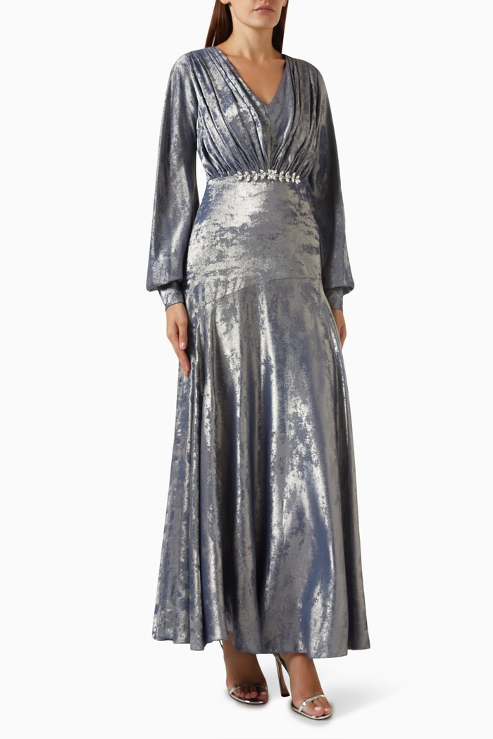 

Metallic-print Maxi Dress in Silk, Grey