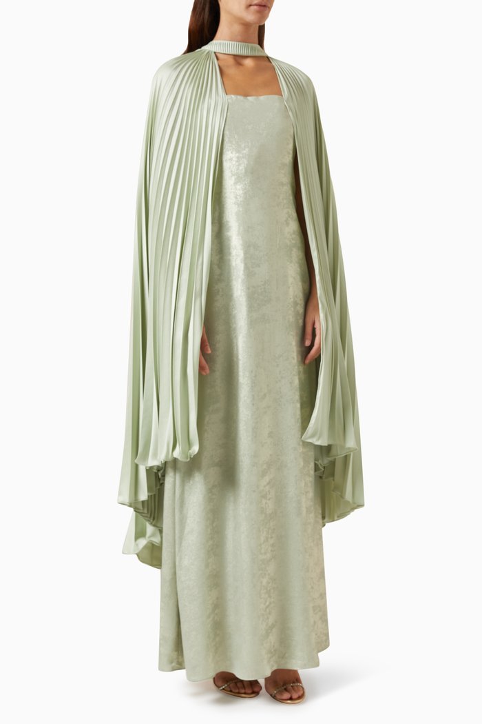 

Pleated Cape Maxi Dress in Silk & Organza, Green