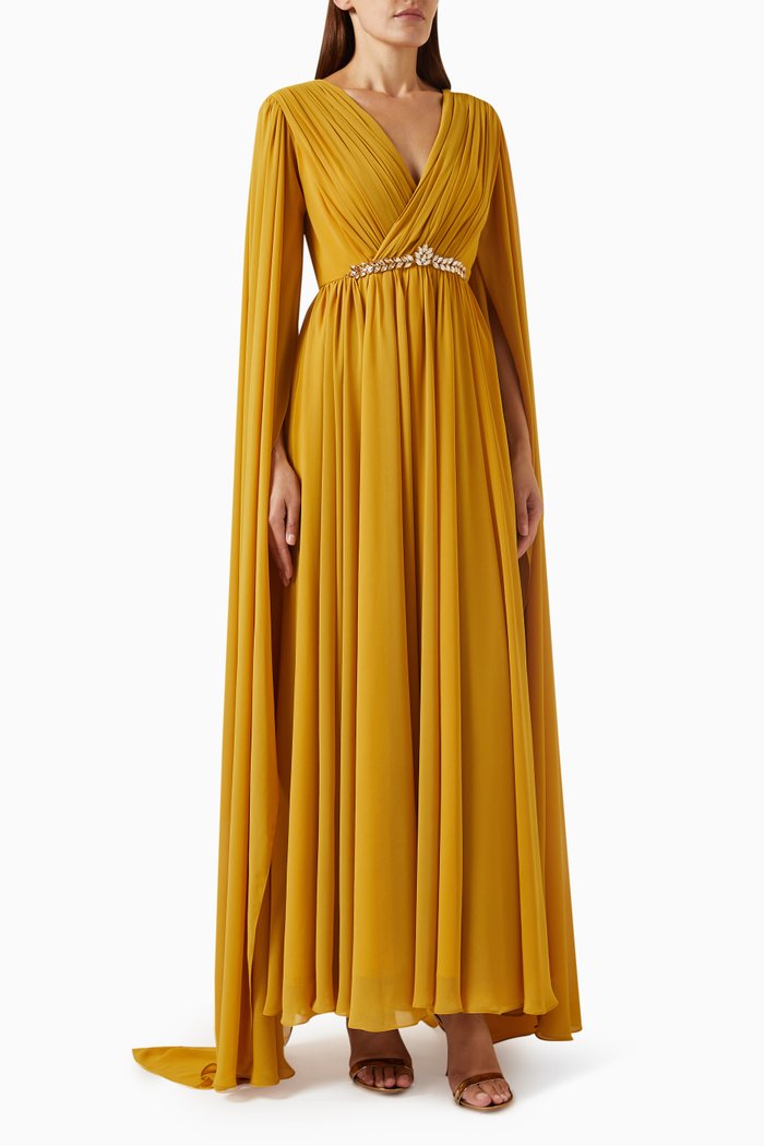 

Pleated Maxi Dress in Chiffon, Yellow