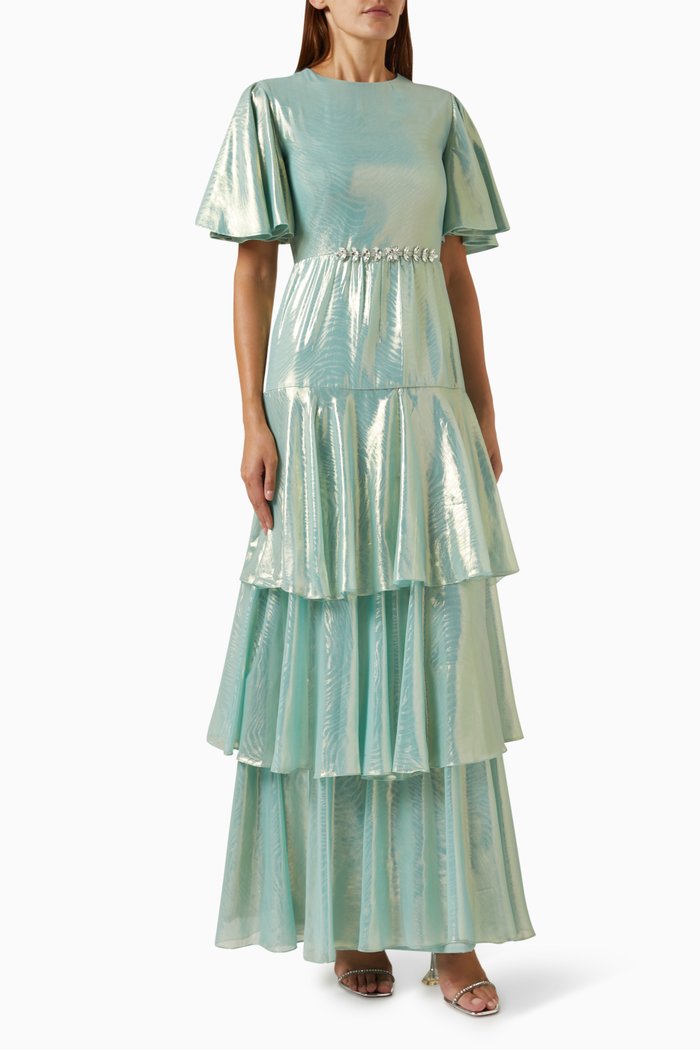 Tiered Maxi Dress in Metallic-organza, Green