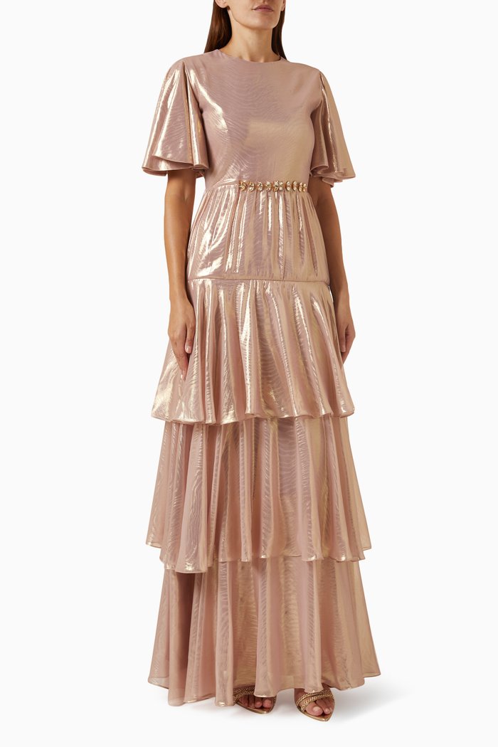 

Tiered Maxi Dress in Metallic-organza, Pink
