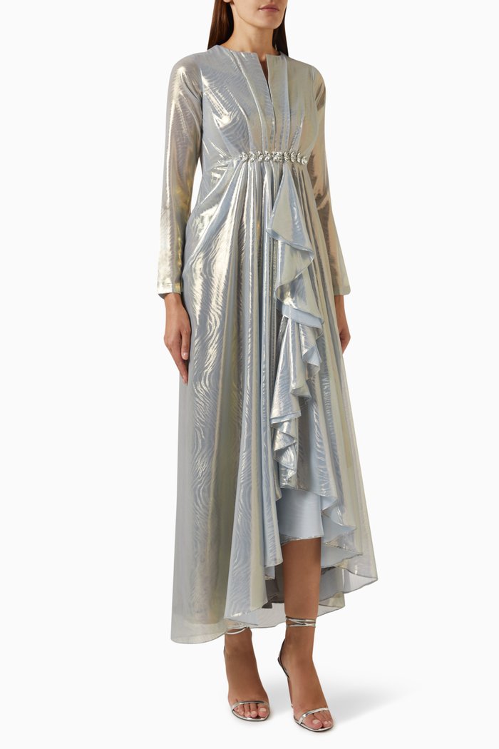

Ruffled Maxi Dress in Metallic-organza, Grey