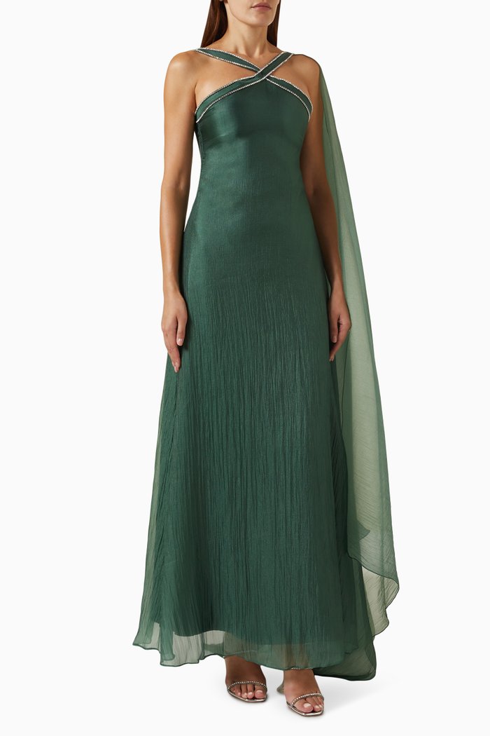 

Halter-neck Embellished Maxi Dress in Organza, Green