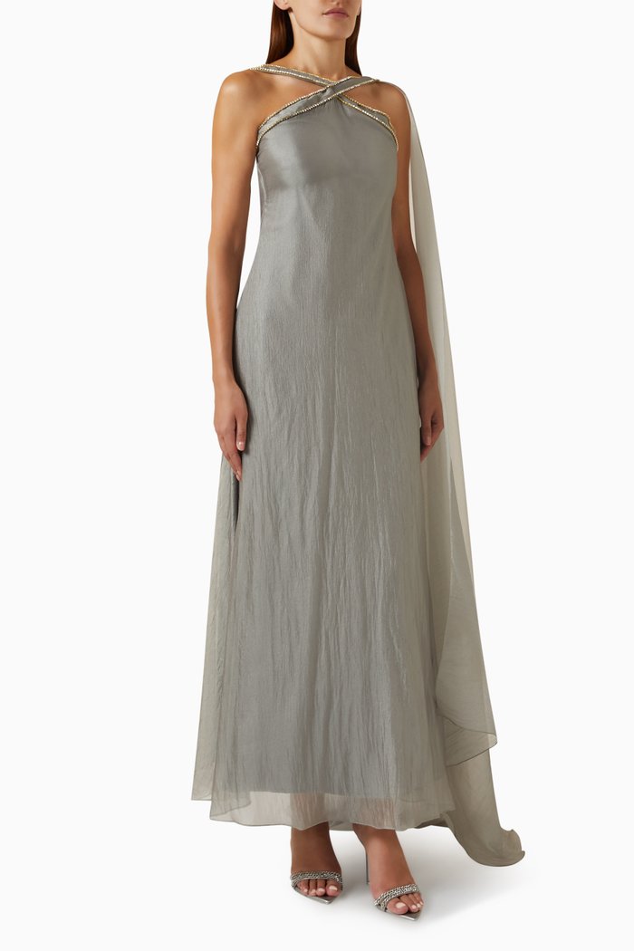 

Halter-neck Embellished Maxi Dress in Organza, Grey